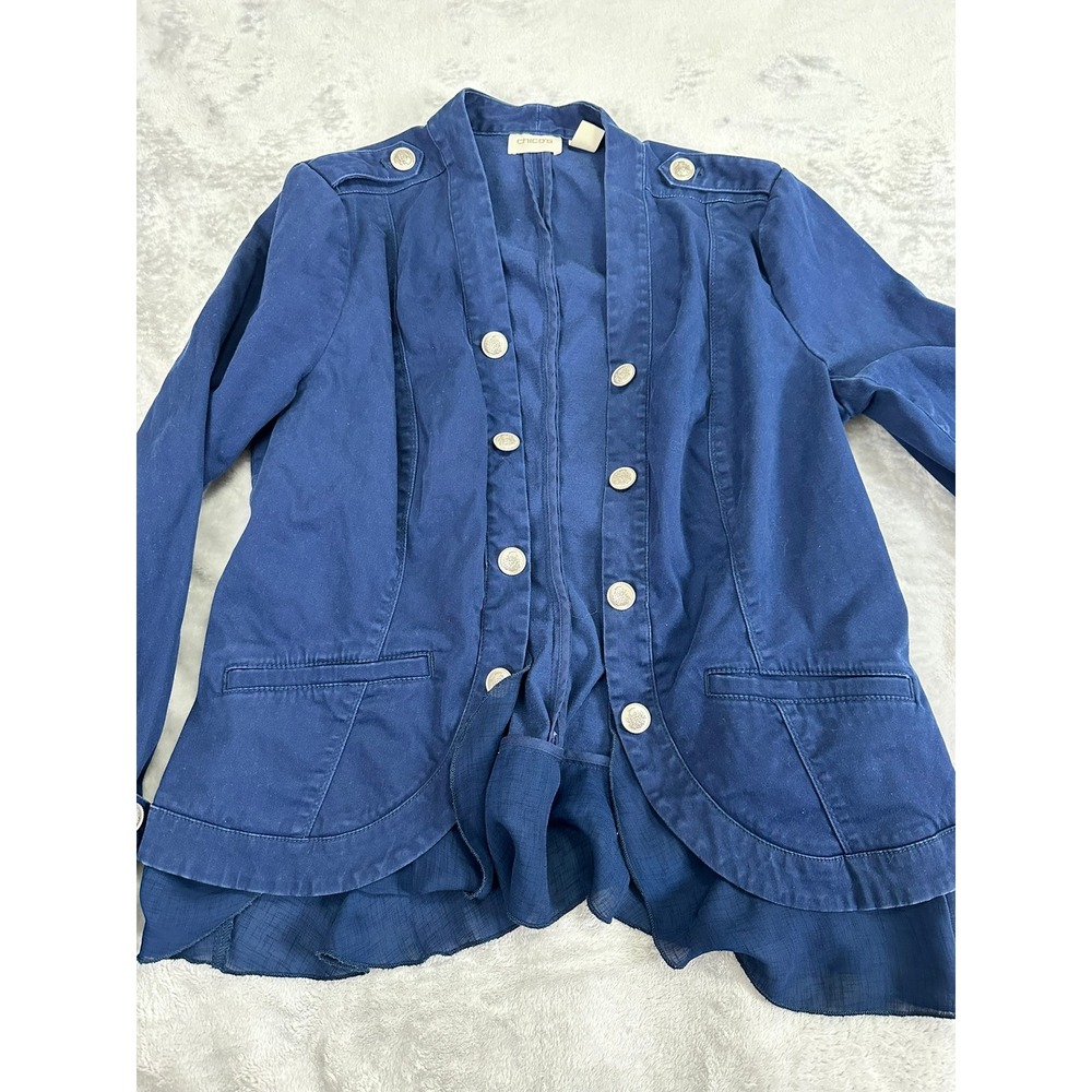 Chico's Military Jacket Women 1 Navy Blue Ruffle Hem Silver Crest Button Blazer - Picture 9 of 9